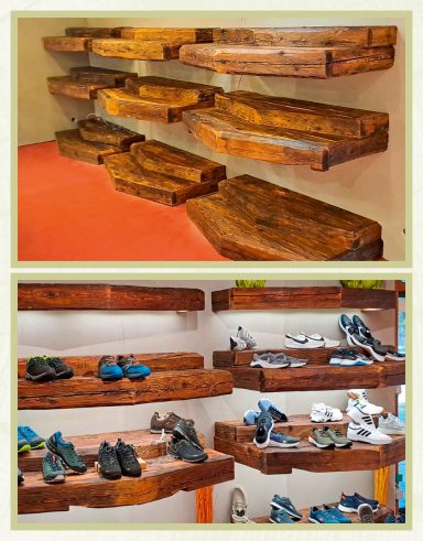 Regale Regale zur Warenpräsentation für ein Schuhgeschäft aus Altholz